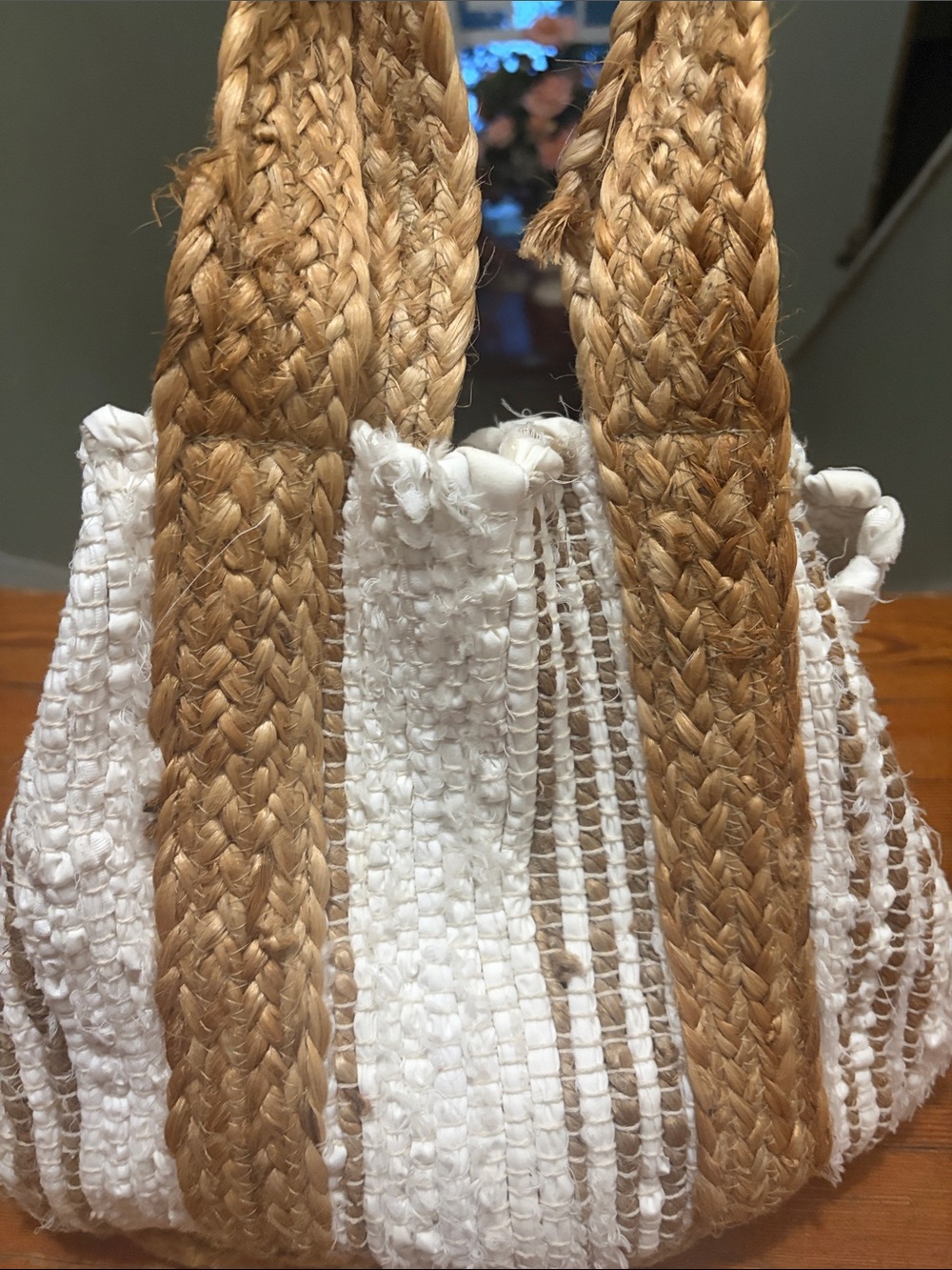 White Woven Tote with Natural Braided Handles